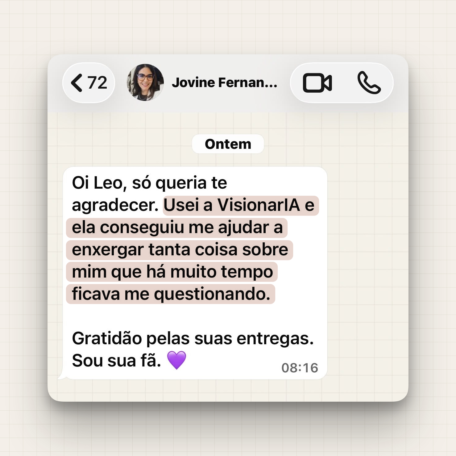 Mensagem de Jovine Fernandes agradecendo pela VisionarIA que ajudou a enxergar tantas coisas sobre si mesma.