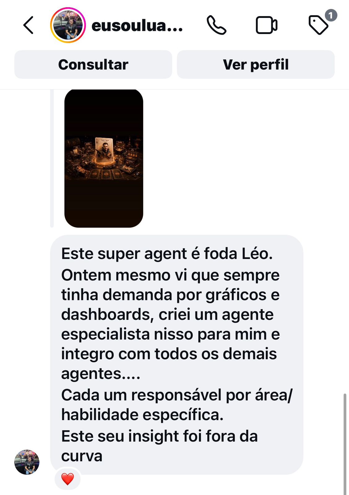 DM de @eusoulua relatando que criou um agente especialista em gráficos e dashboards e integrou com os demais agentes, cada um responsável por uma área específica.